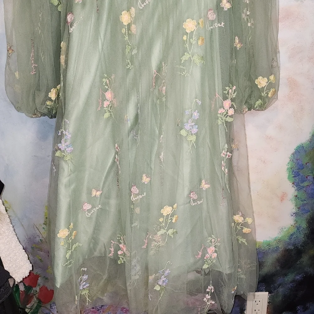 Elegant Floral Fairy Princess Corset Lng Sleeve Maxi Dress in Green Pink Floral - Picture 6 of 14